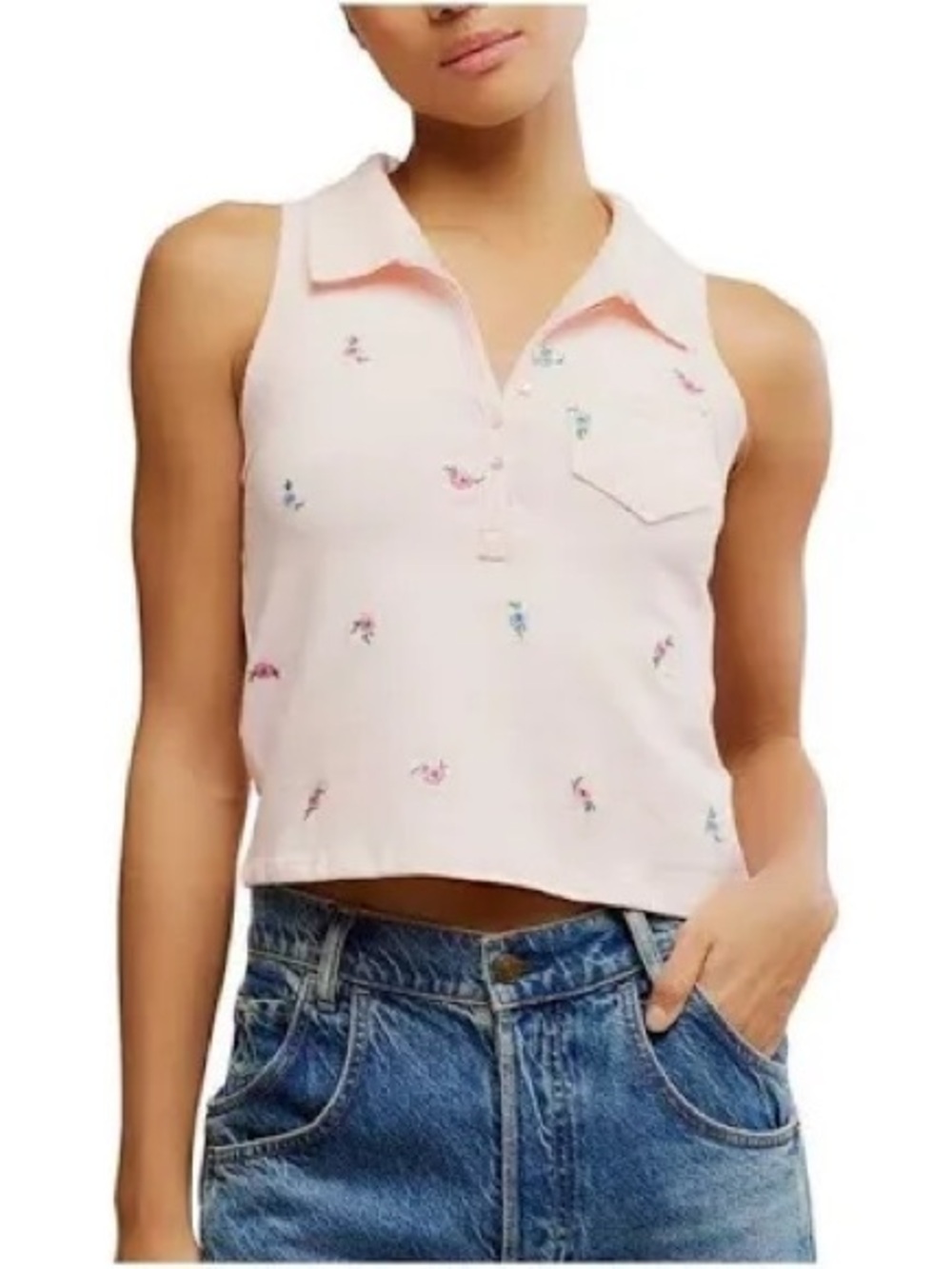 Free People Light Pink Floral Collared Cropped Tank